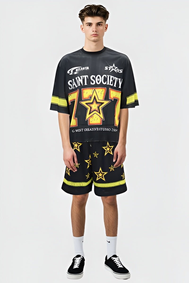 G WEST RHINSTONE SAINT SOCIETY 3/4 SLEEVES MESH SHORT SET