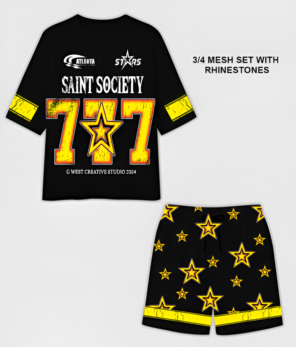 G WEST RHINSTONE SAINT SOCIETY 3/4 SLEEVES MESH SHORT SET