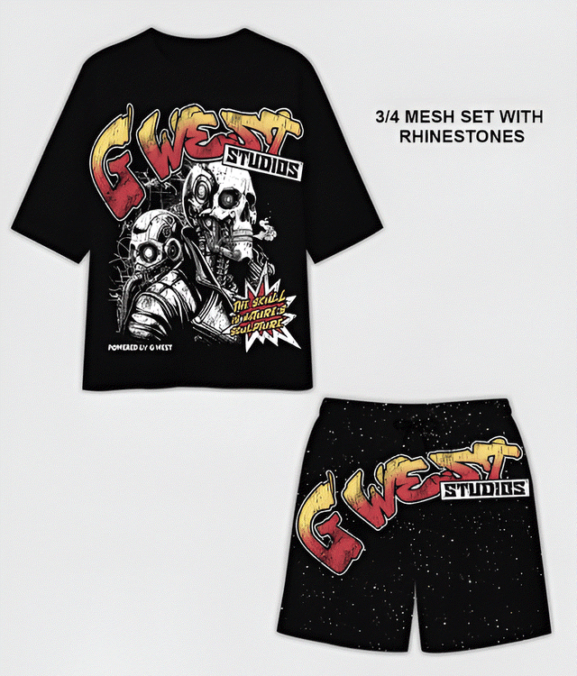 G WEST RHINSTONE SKULL TECH 3/4 SLEEVES MESH SHORT SET