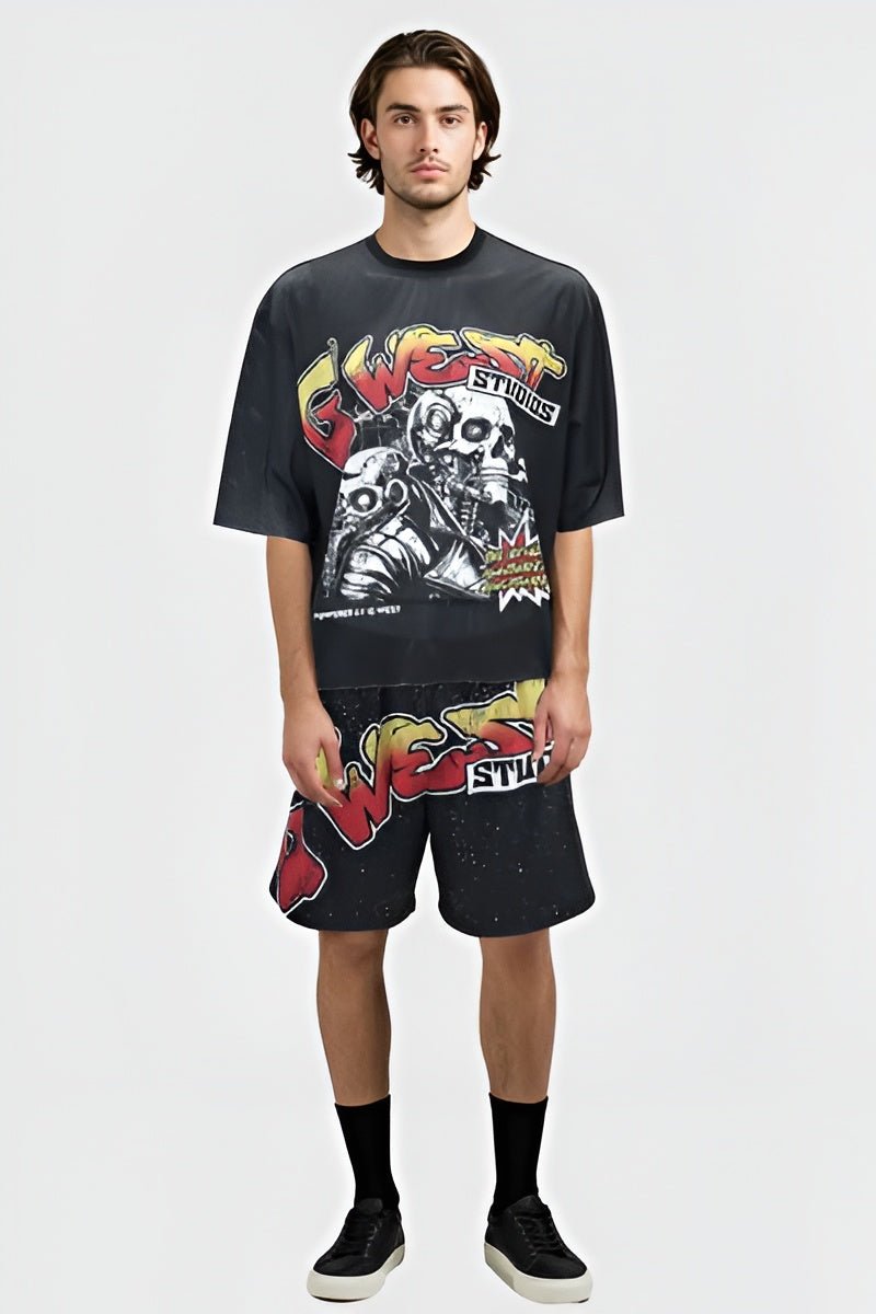 G WEST RHINSTONE SKULL TECH 3/4 SLEEVES MESH SHORT SET