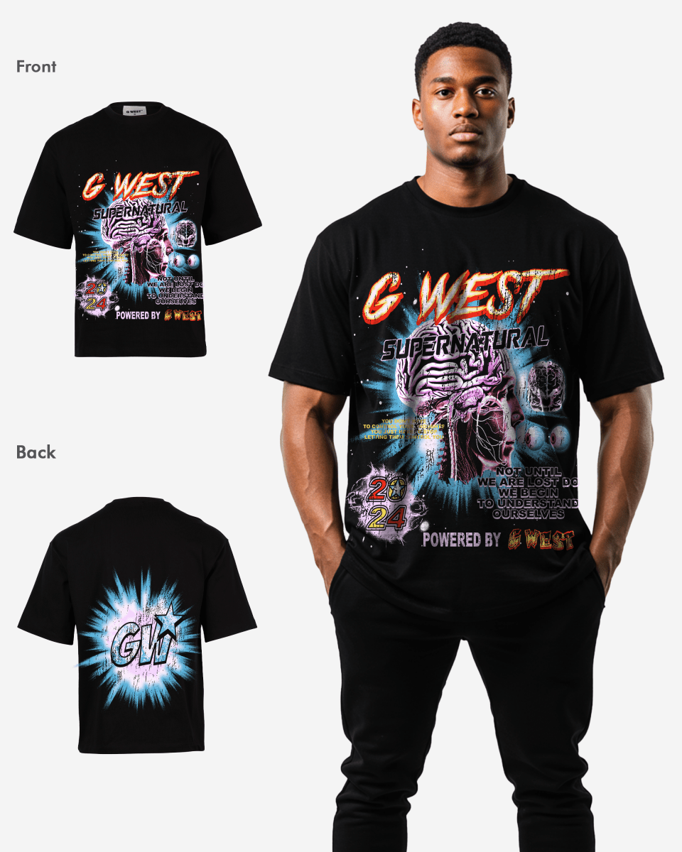 G West Supernatural Acid Wash Premium Oversized Tee Front And Back Print