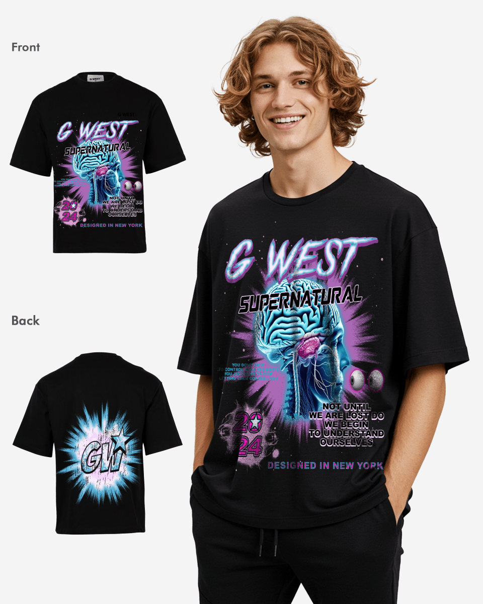 G West Supernatural Acid Wash Premium Oversized Tee Front And Back Print
