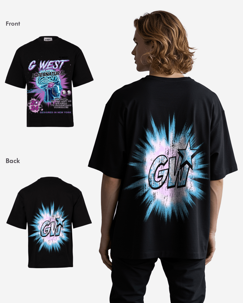G West Supernatural Acid Wash Premium Oversized Tee Front And Back Print