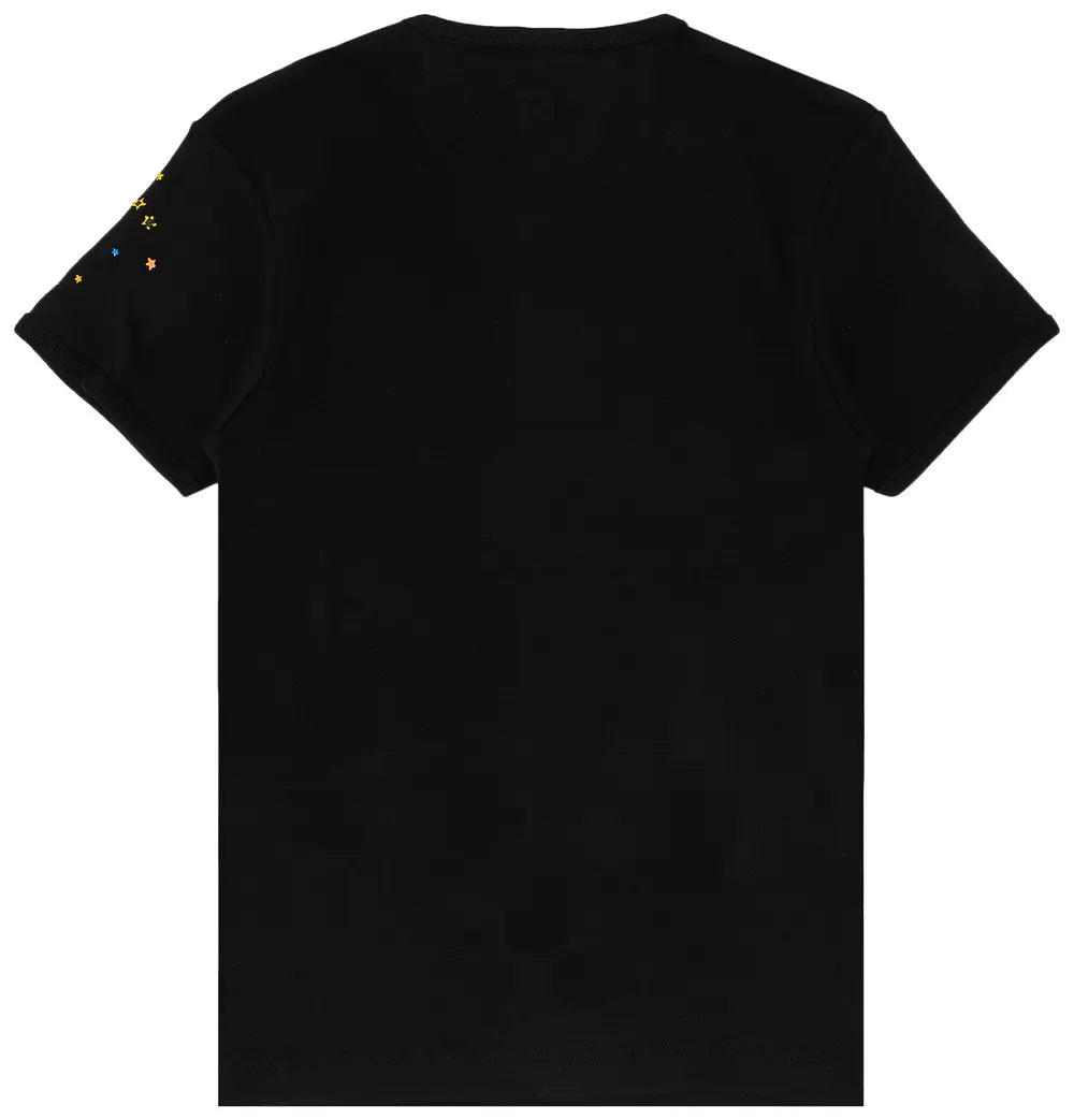 Casual outfit styled with a black graphic T-shirt