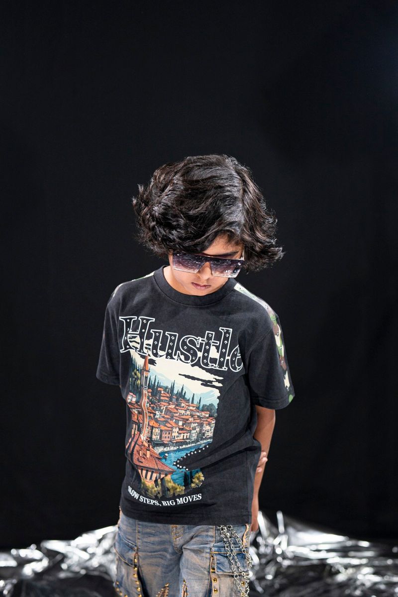 kids black oversized heavy t shirt hustle rhinestone street fit