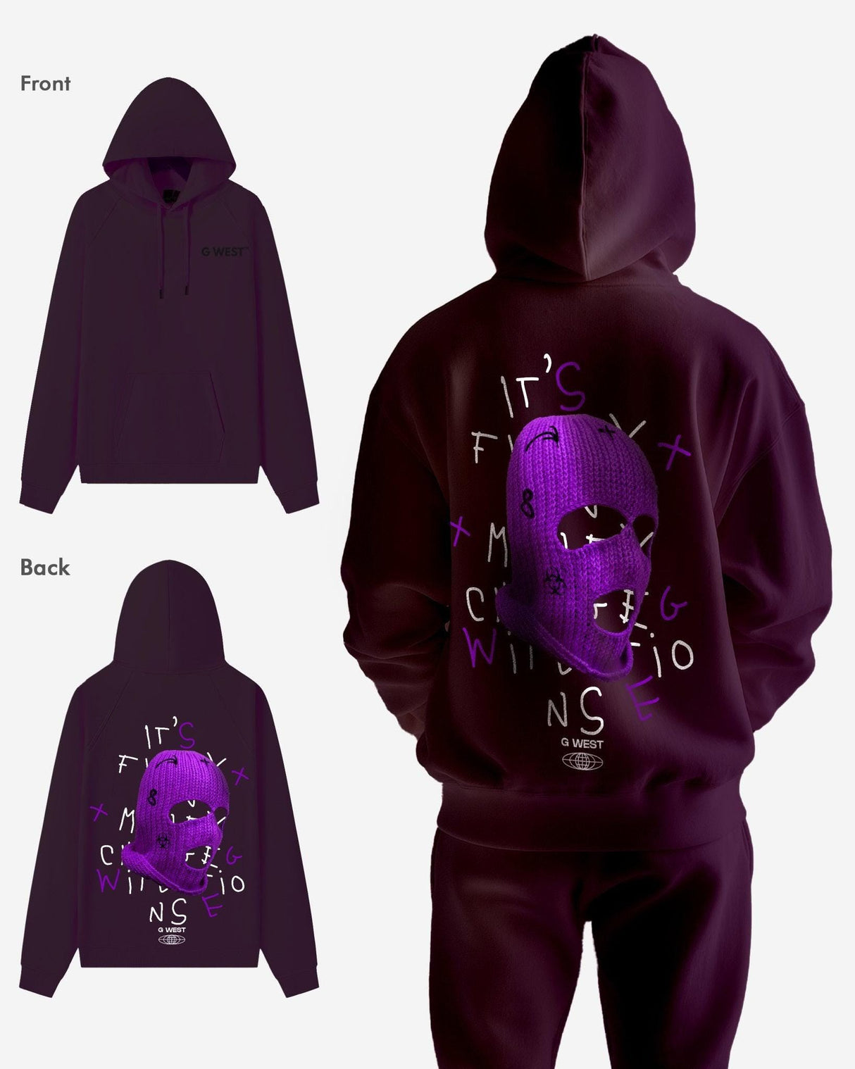 G West Purple Ski Mask Heavy Premium Oversized Hoodie