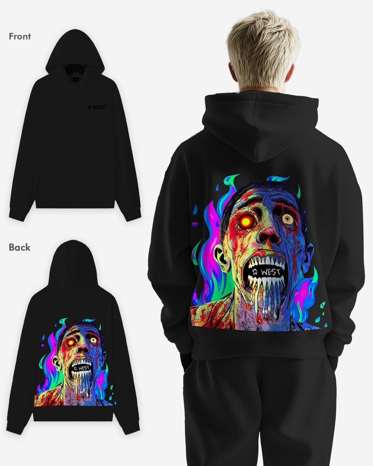 G West Flaming Zombie Hoodie Mens Oversize Style
