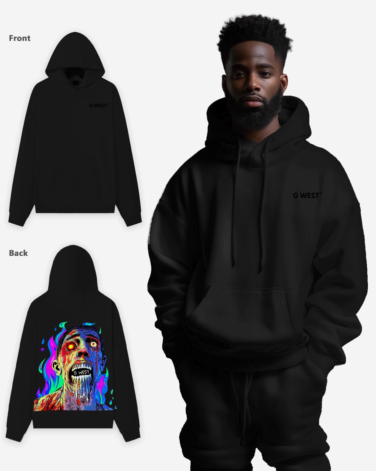 G West Flaming Zombie Hoodie Mens Oversize Style
