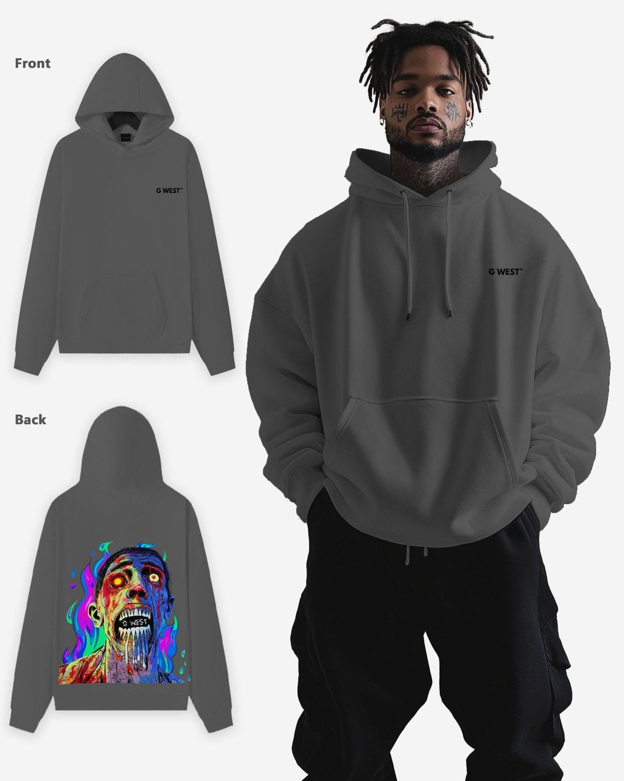 G West Flaming Zombie Hoodie Mens Oversize Style