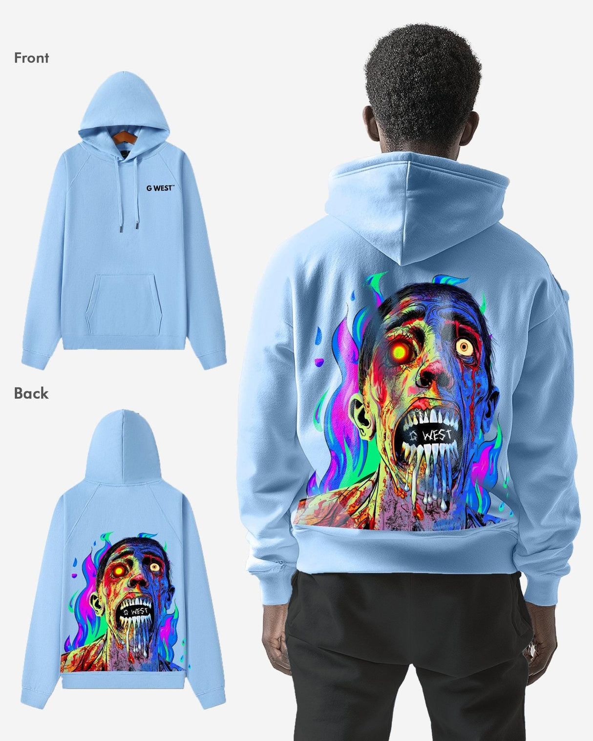 G West Flaming Zombie Hoodie Mens Oversize Style