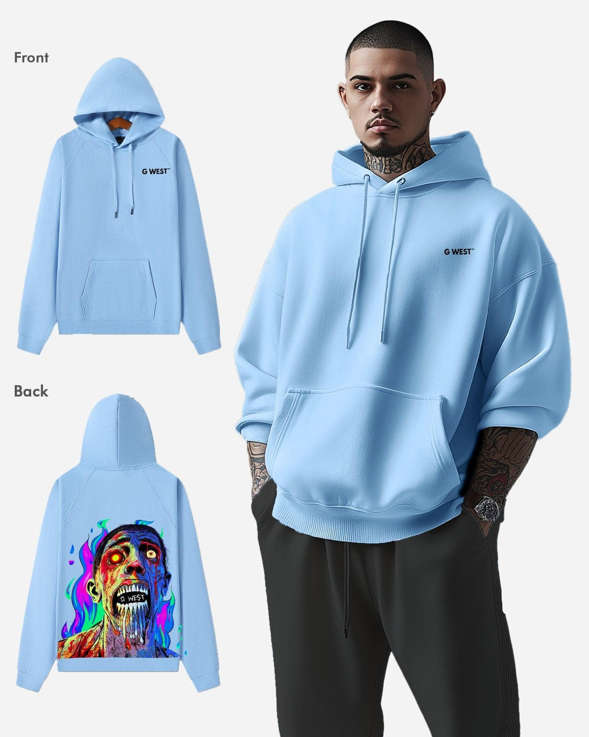 G West Flaming Zombie Hoodie Mens Oversize Style