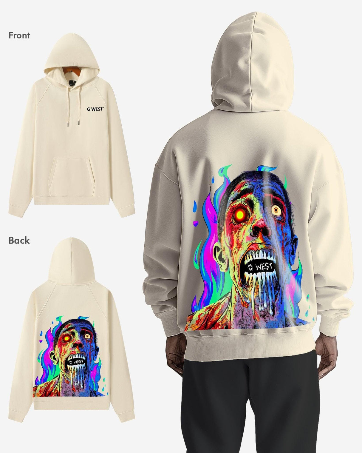 G West Flaming Zombie Hoodie Mens Oversize Style