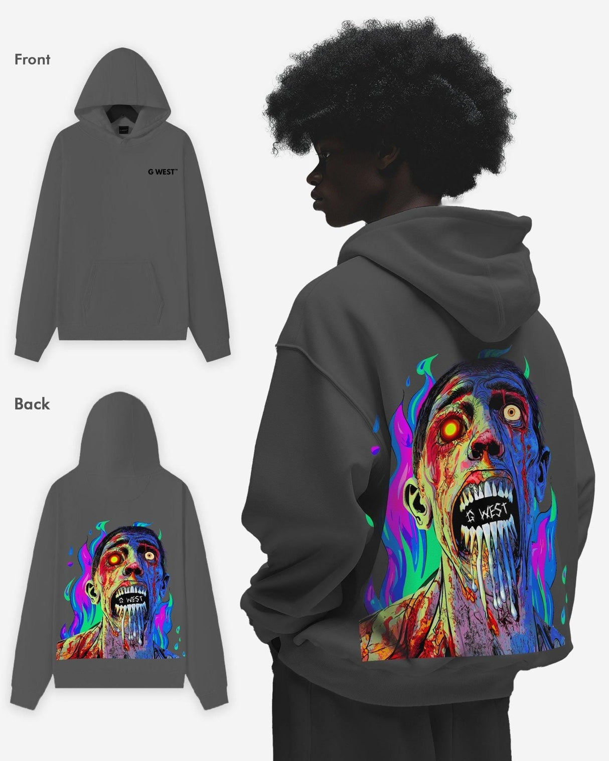 G West Flaming Zombie Hoodie Mens Oversize Style