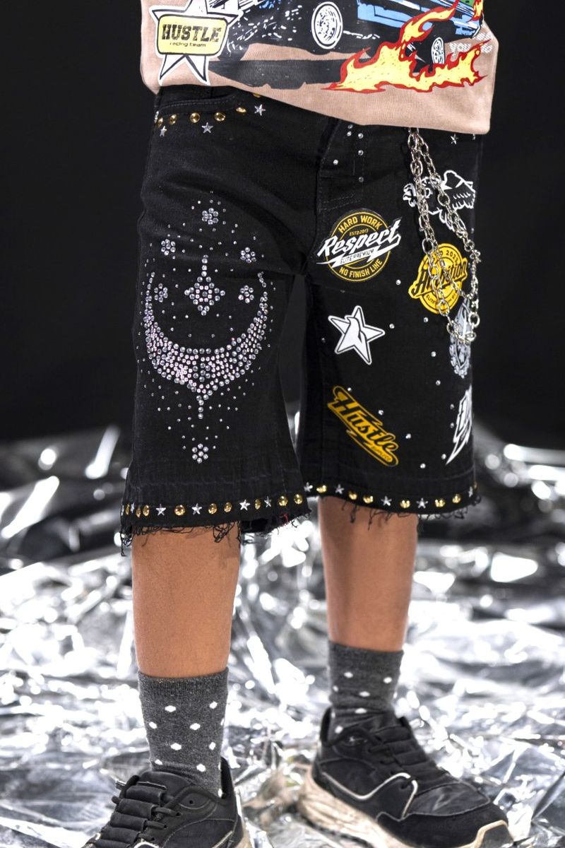 kids denim shorts rhinestone chain detail night sky design street style