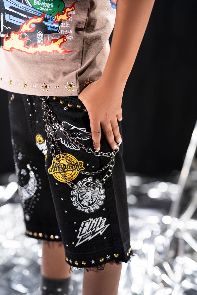 kids streetwear denim shorts multi color rhinestone chain trendy style
