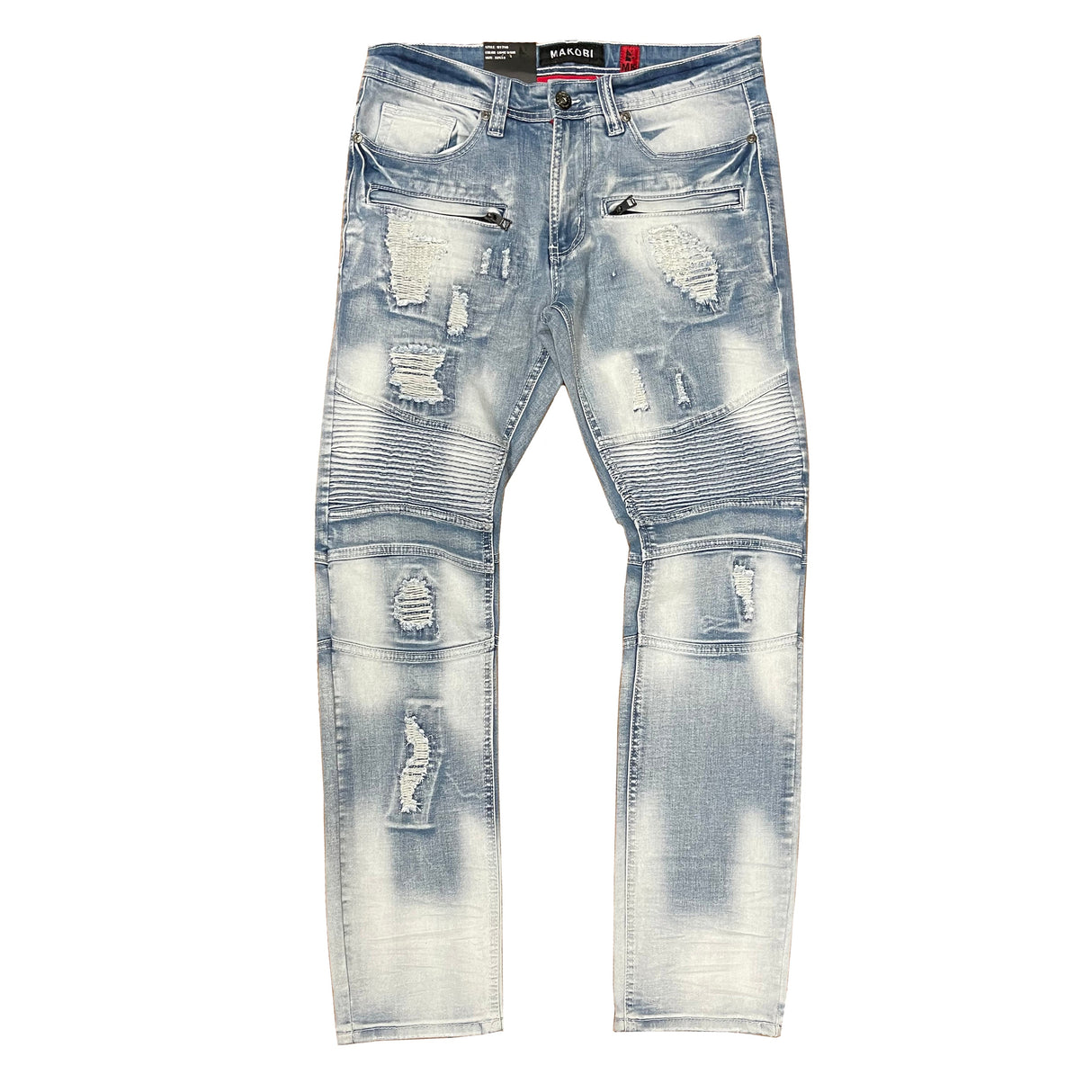 Makobi M1786 Prado Biker Jeans with Rip & Repair - Light Wash (RECUT)