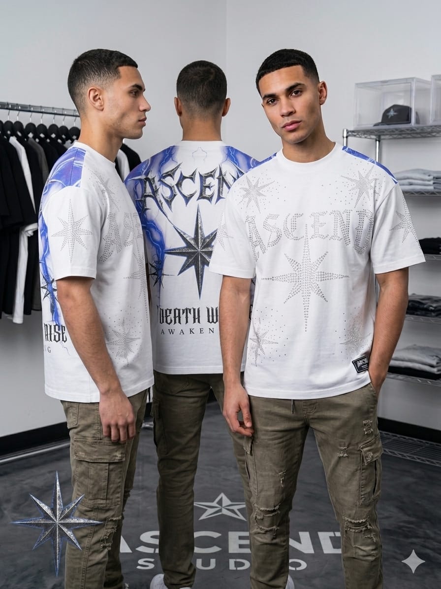Bold streetwear outfit featuring a multicolor graphic T-shirt