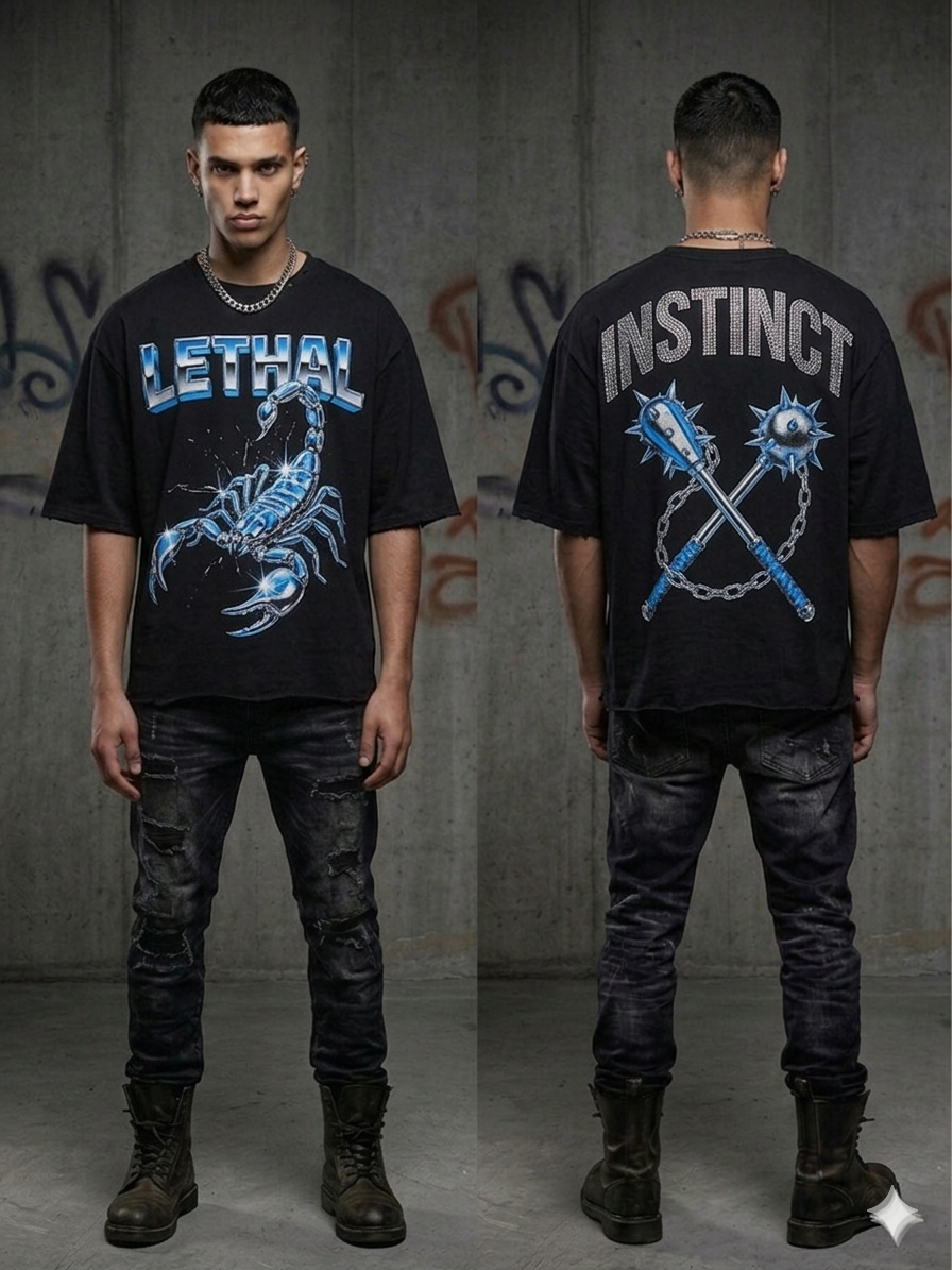 back view of Rare Common Lethal Instinct rhinestone t-shirt in multi colors streetwear style