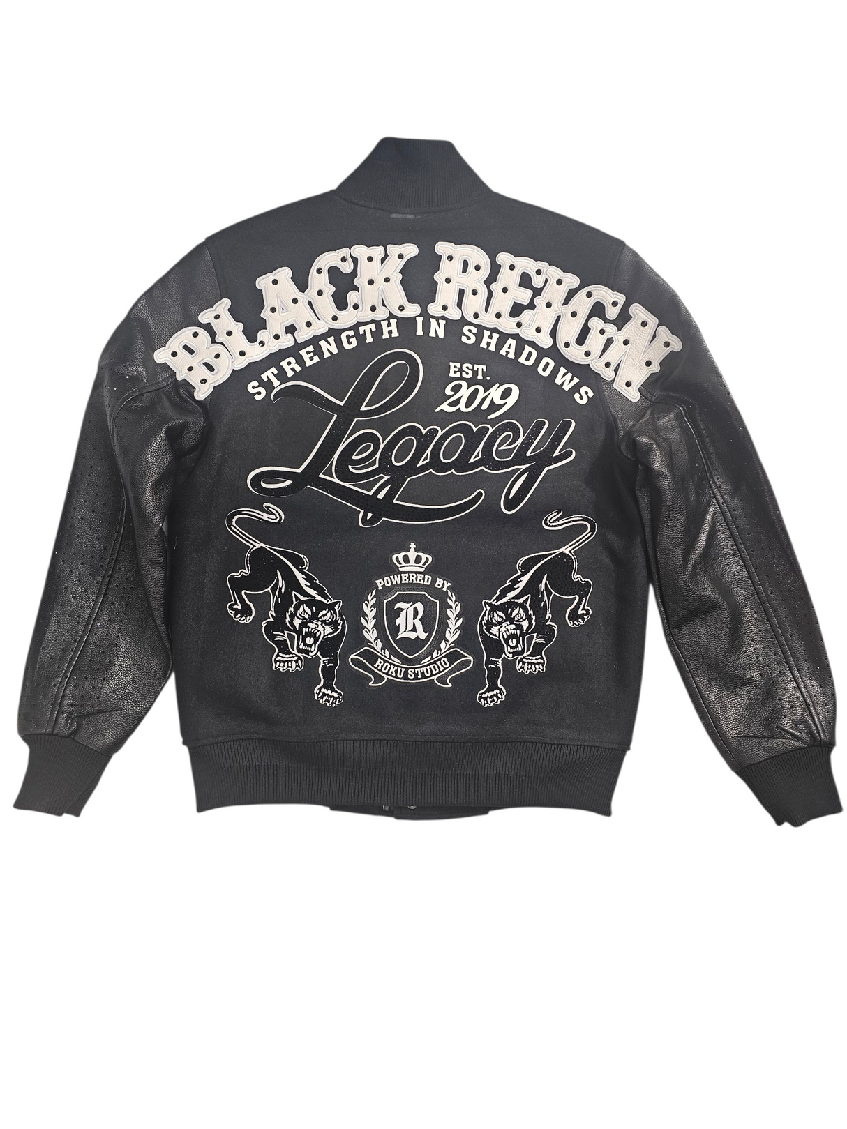 Roku Studio Black Reign Rhinestone Varsity Jacket