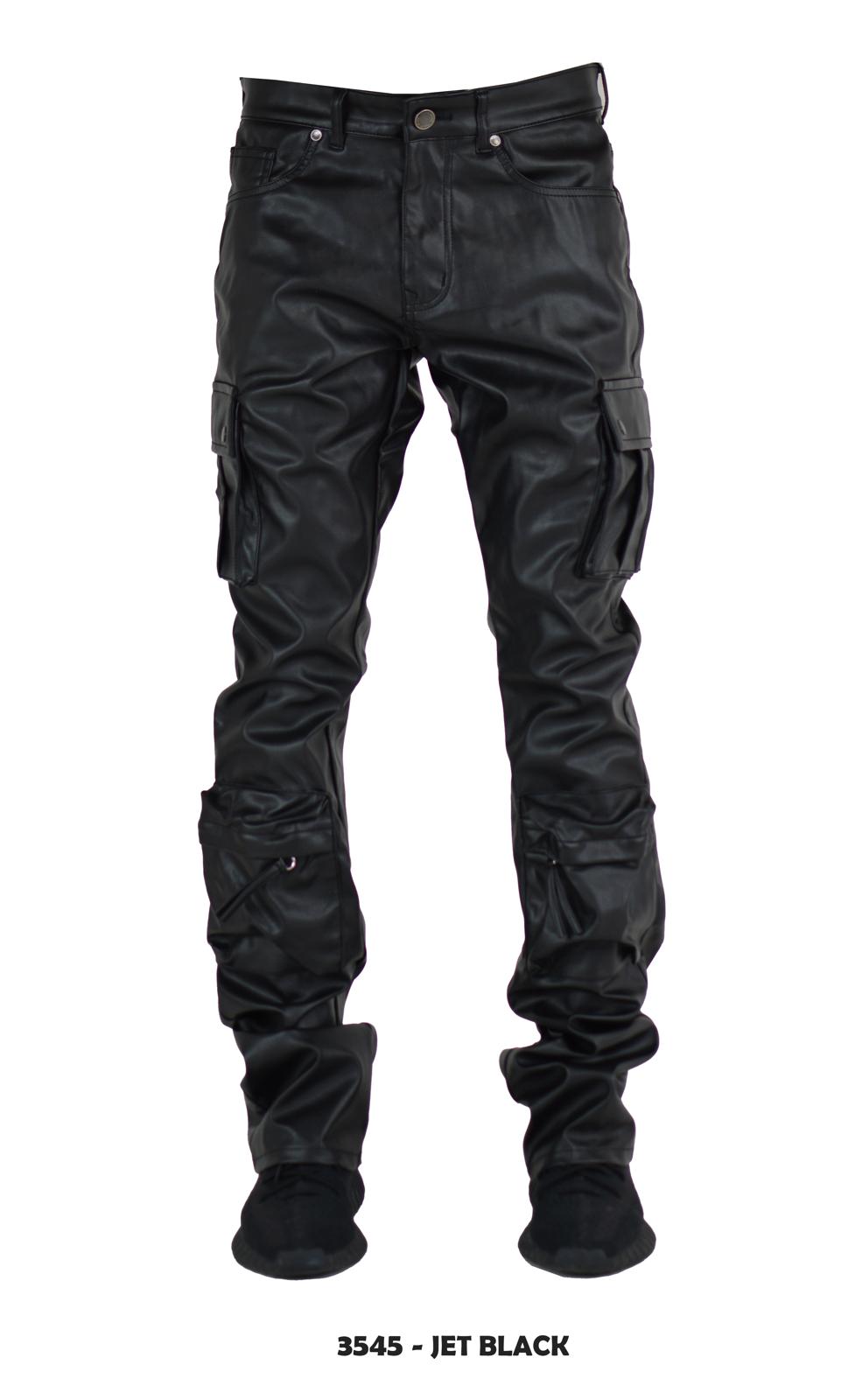 FOCUS CARGO PU LEATHER STACKED PANTS BLACK