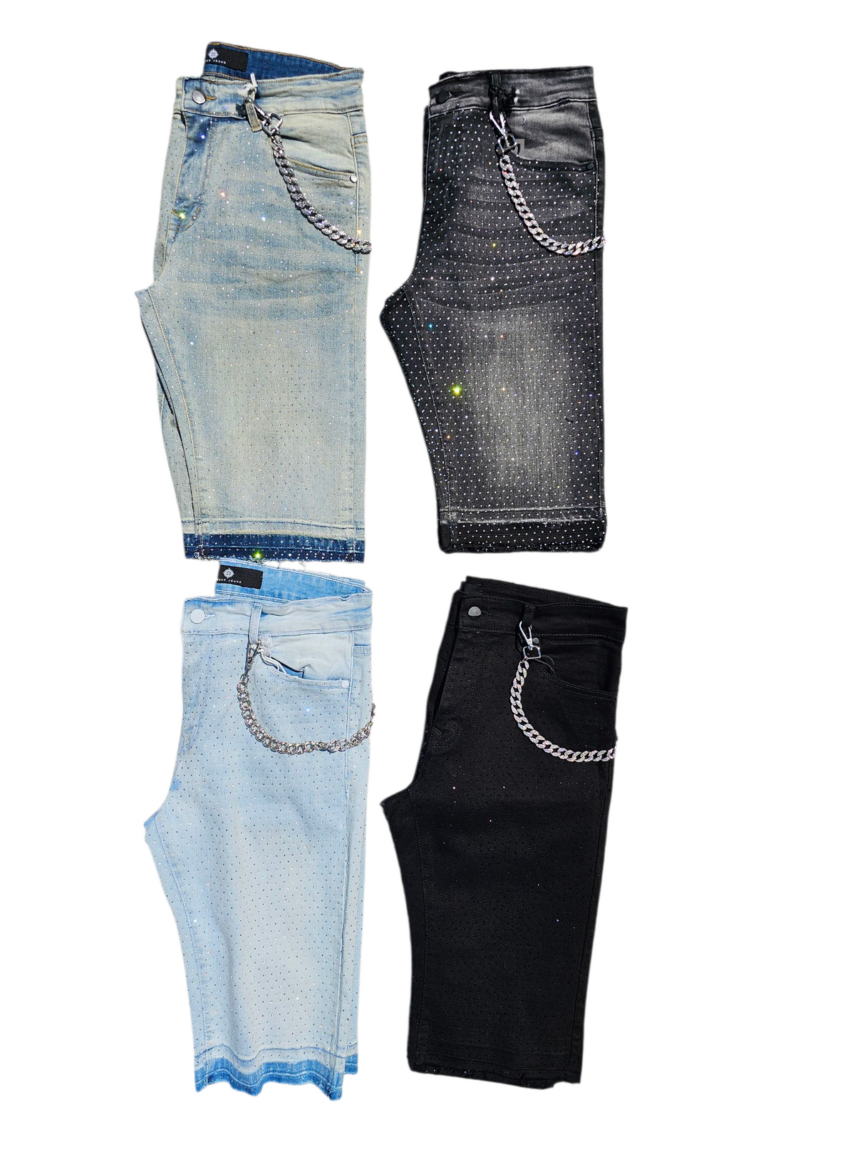Focus All Over Stones Jeans Short With Chains Multi Colors