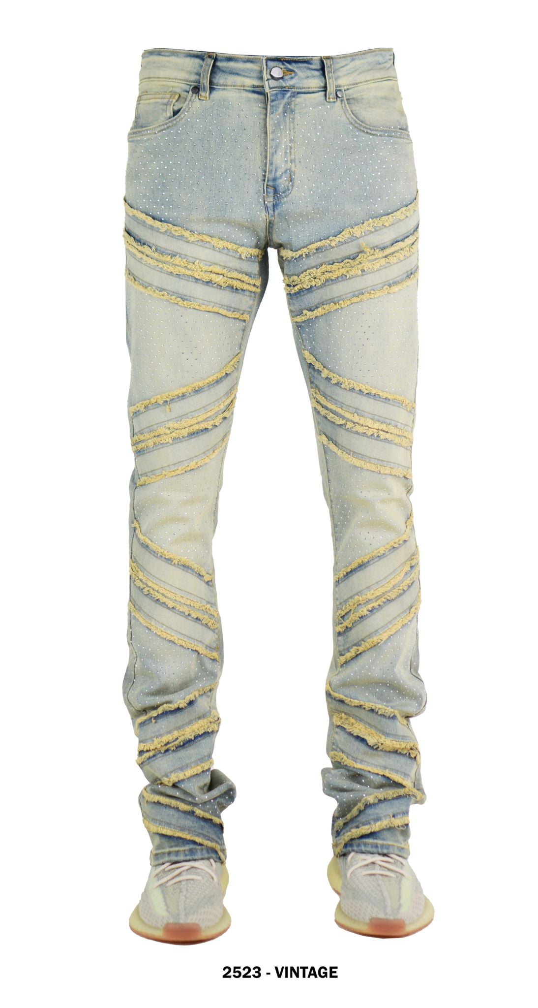 Focus Rhinestone R&R Distress Stacked Denim Jeans Multi Colors