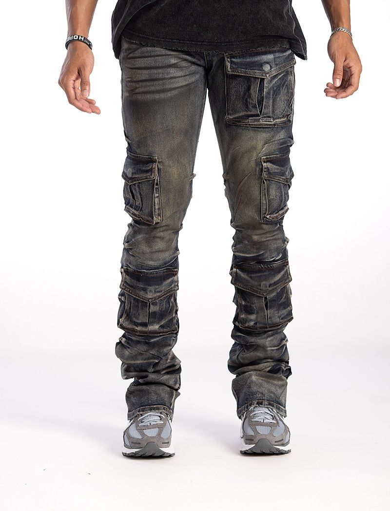 Stacked cargo wax jeans multicolor streetwear fashion