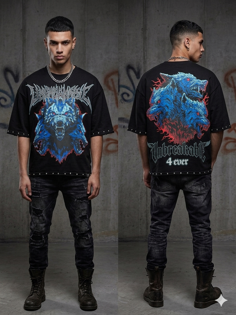 Streetwear outfit styled with a multicolor Unbreakable rhinestone T-shirt