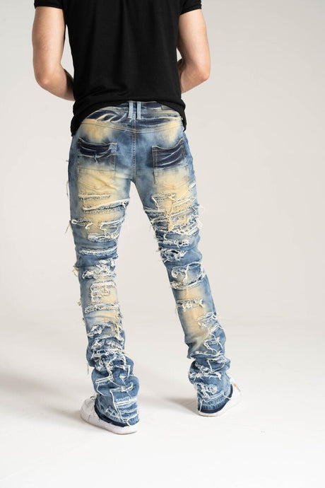 STACK JEANS WITH MULTI RIP & REPAIR Dark Indigo