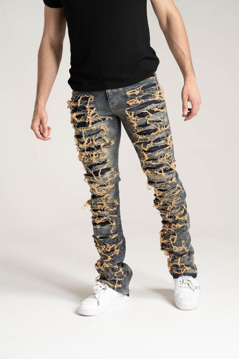 STACK JEANS WITH MULTI RIP & REPAIR TAUPE