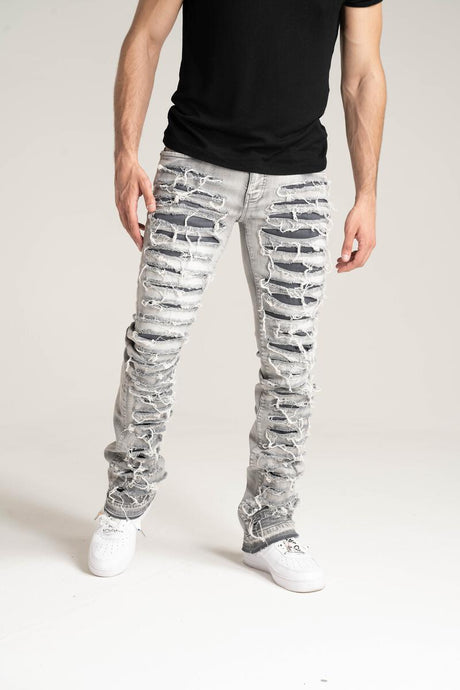 STACK JEANS WITH MULTI RIP & REPAIR GREY