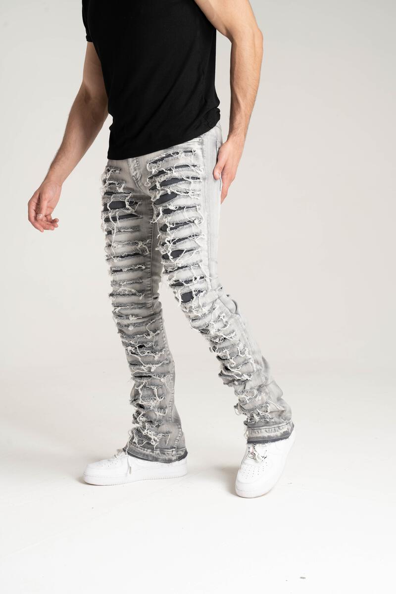 STACK JEANS WITH MULTI RIP & REPAIR GREY