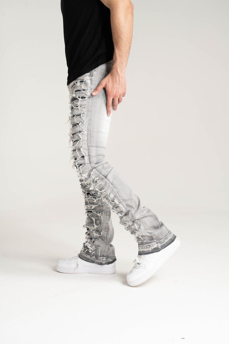 STACK JEANS WITH MULTI RIP & REPAIR GREY