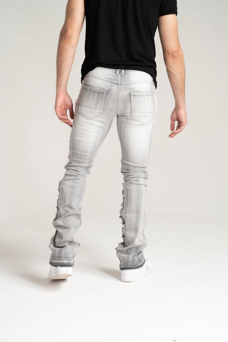 STACK JEANS WITH MULTI RIP & REPAIR GREY