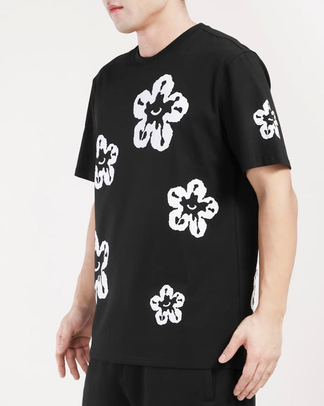 Roku Studio White Flower Printed Black T-shirt Front View
