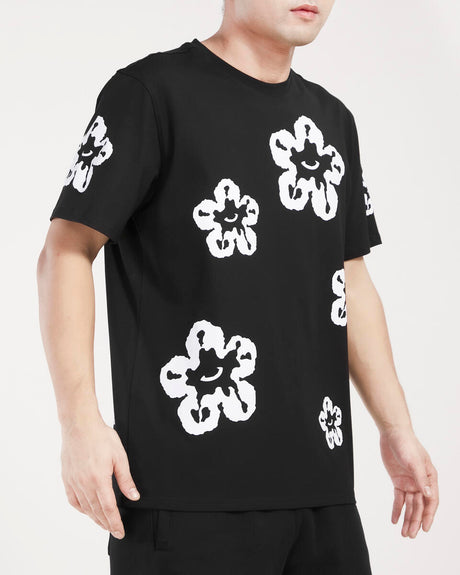 White Flower Print on Black T-shirt