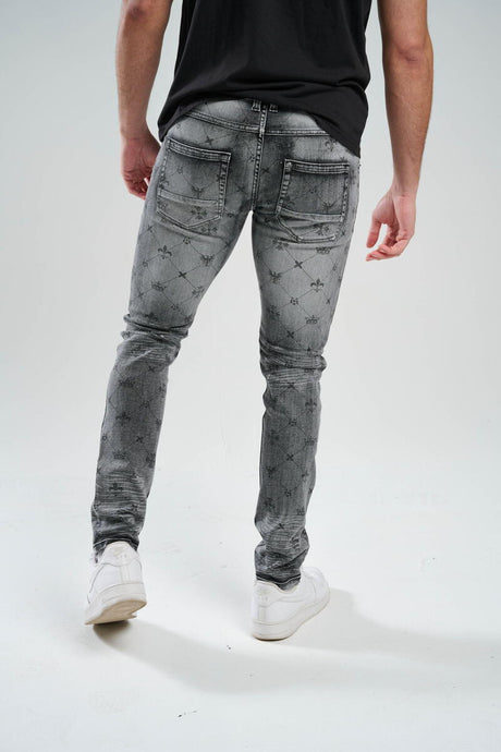 STRETCH SLIM FIT JEANS WITH DISCHARGE PRINT BLACK WASH