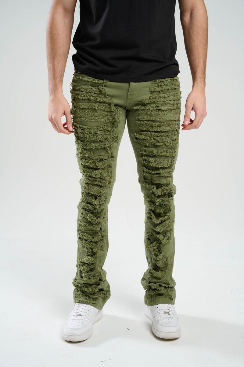 STACK JEANS WITH MULTI RIP & REPAIR OLIVE GREEN
