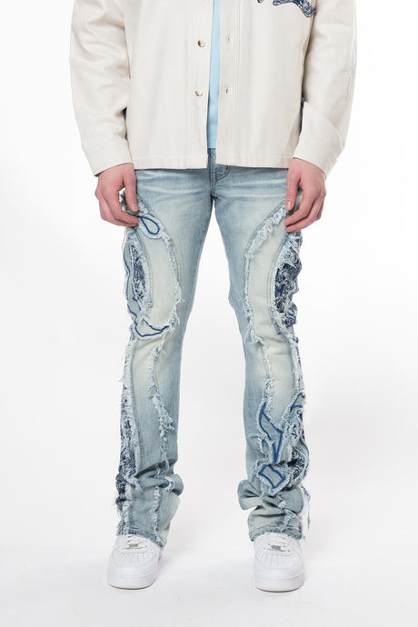 SMOKE RISE STACKED JEANS TAPESTRY PANEL MONOGRAM JEAN MULTI COLORS