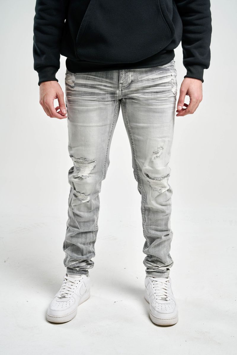 SK SLIM FIT STRETCH JEANS WITH 3D CRINKLE & REPAIR GREY