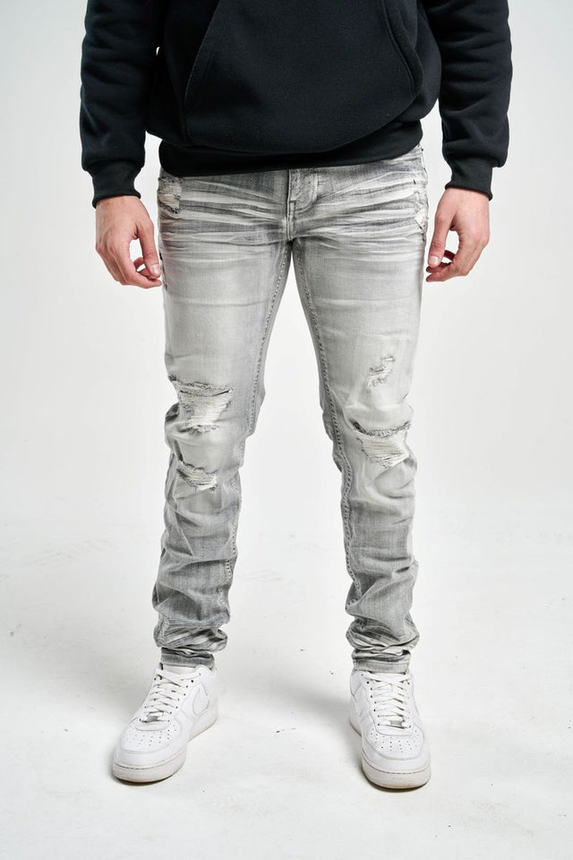 SK SLIM FIT STRETCH JEANS WITH 3D CRINKLE & REPAIR GREY