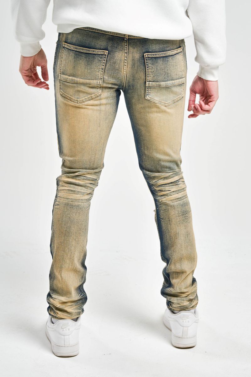 SK SLIM FIT STRETCH JEANS WITH 3D CRINKLE & REPAIR INDIGO