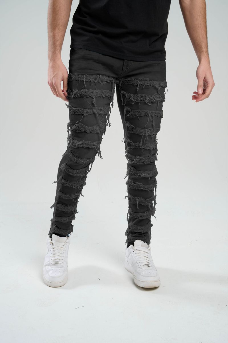 SK SLIM FIT STRETCH JEANS WITH 3D CRINKLE & REPAIR BLACK