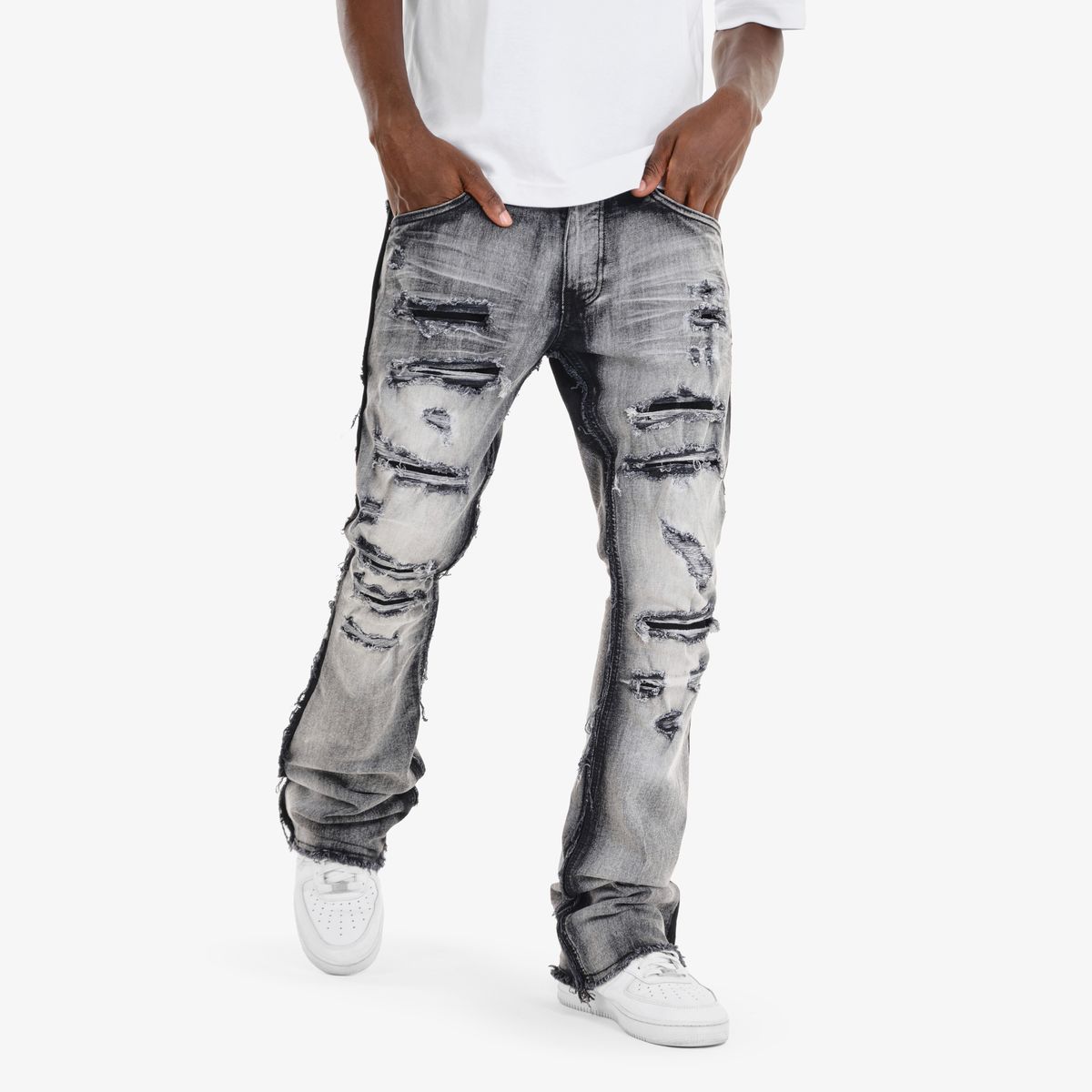 COPPER RIVET RIP AND REPAIR STACKED JEANS BLACK WASH