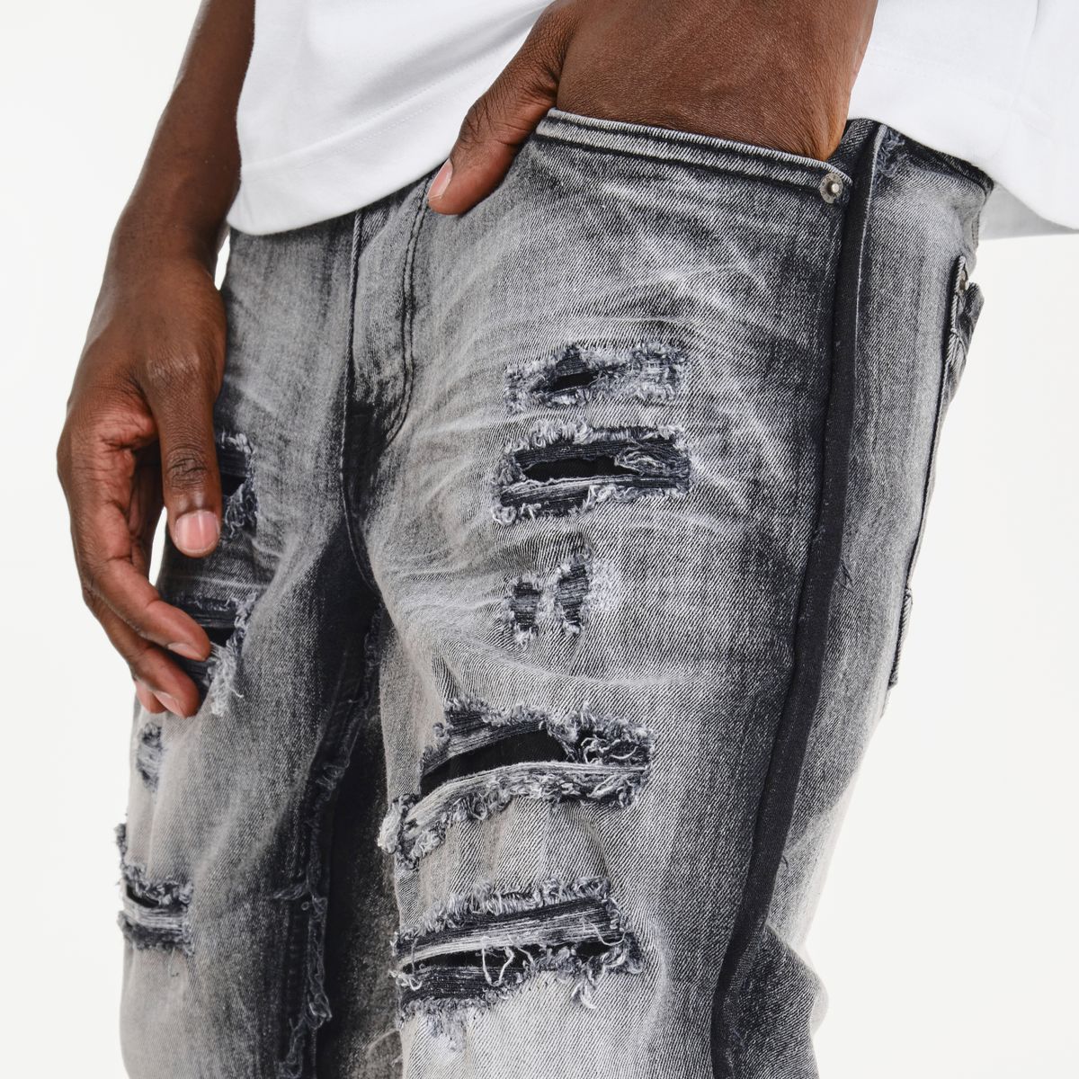 COPPER RIVET RIP AND REPAIR STACKED JEANS BLACK WASH