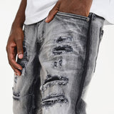 COPPER RIVET RIP AND REPAIR STACKED JEANS BLACK WASH