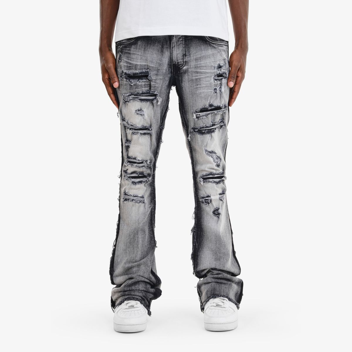 COPPER RIVET RIP AND REPAIR STACKED JEANS BLACK WASH