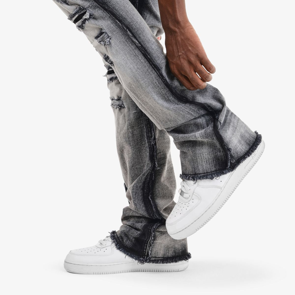 COPPER RIVET RIP AND REPAIR STACKED JEANS BLACK WASH