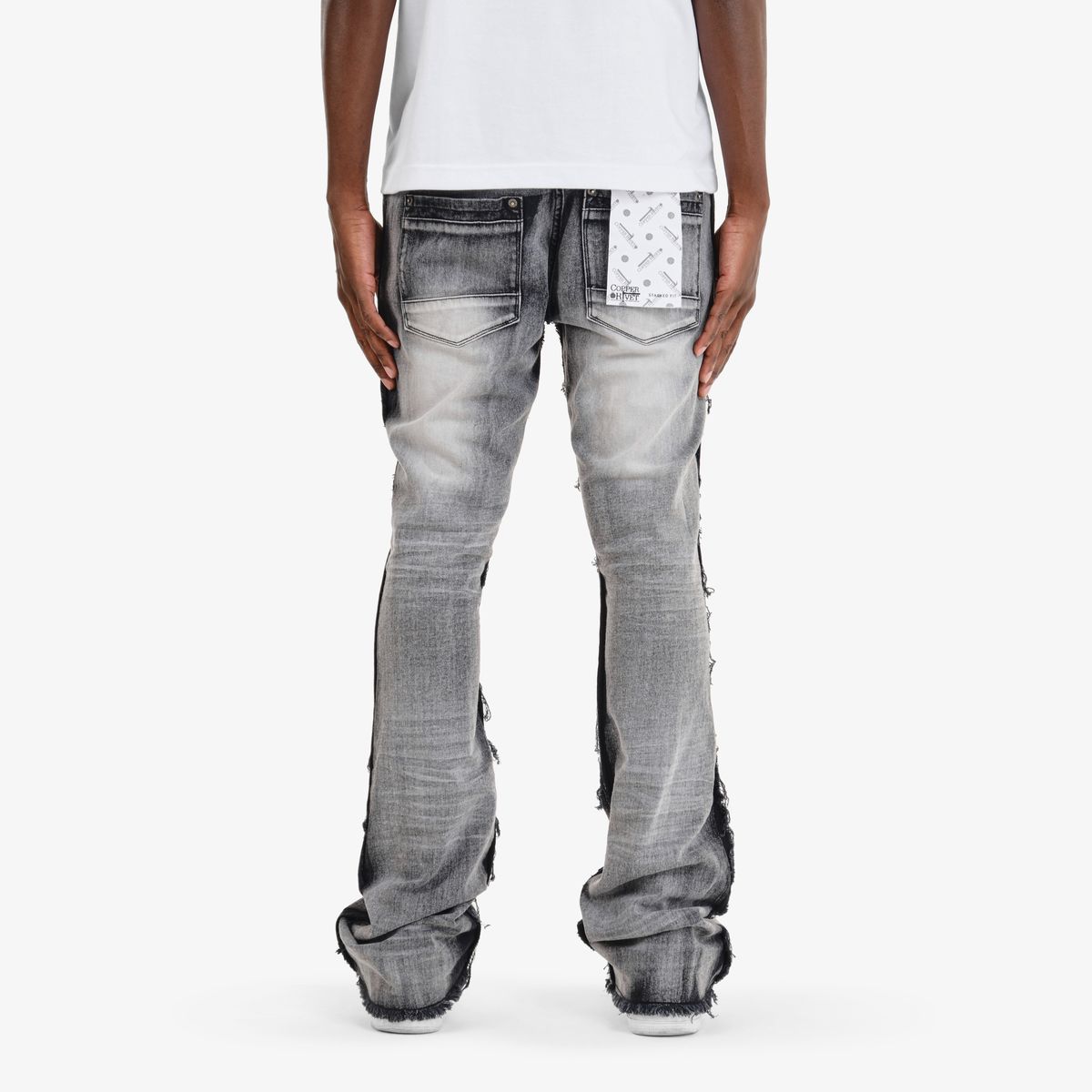 COPPER RIVET RIP AND REPAIR STACKED JEANS BLACK WASH