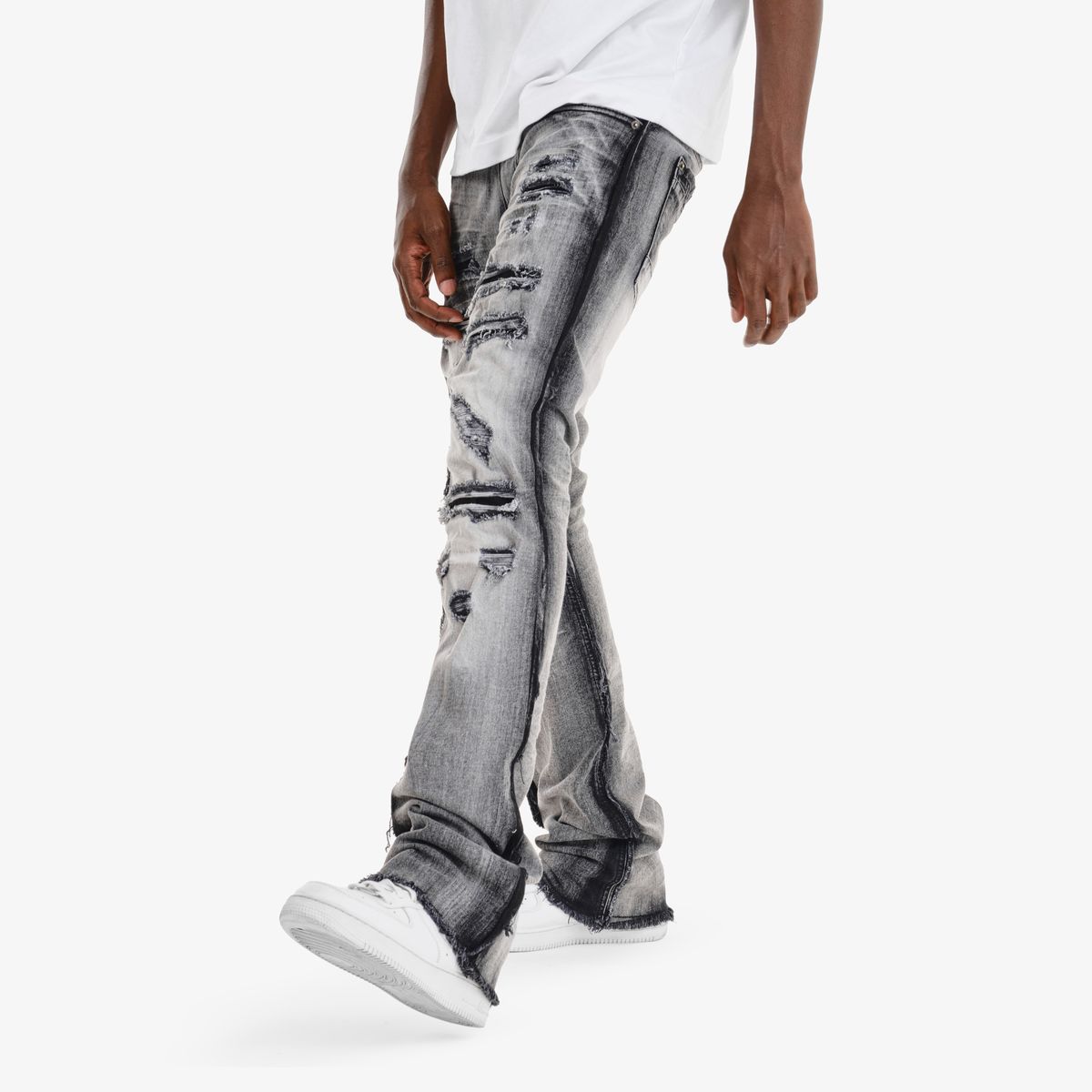 COPPER RIVET RIP AND REPAIR STACKED JEANS BLACK WASH